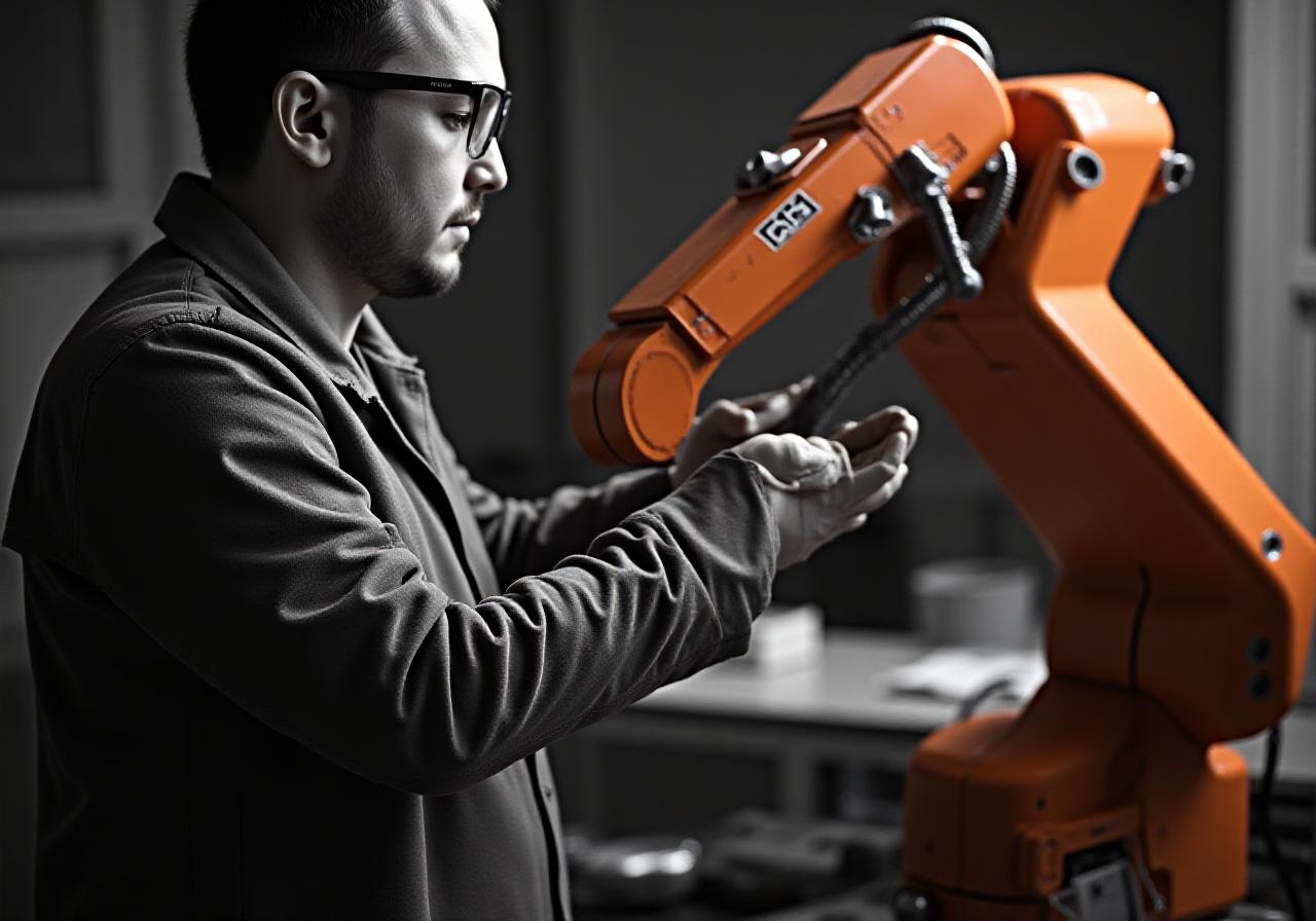 Mitarbeiter arbeitet mit Cobot-Arm